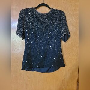 Laurence Kazar Black Sequin Beaded Retro Party Silk Blouse